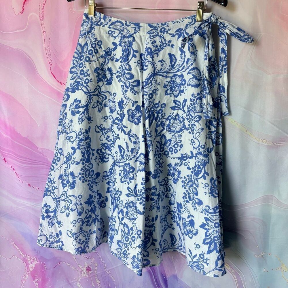 LK Bennett 6 Blue White Floral Midi Skirt Cotton Cottagecore Preppy Luxury Retro